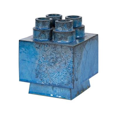 Deep Blue Glazed Cube with Stepped Pipes