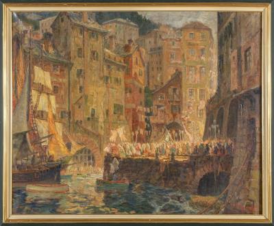 Procession in Camogli by Francesco Mennyey - Auction record, sale price, and art valuation. Compare with similar artists and explore comparable artworks.