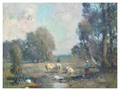 Landscape with peasant woman and cows by Heinz Klaiberg - Auction record, sale price, and art valuation. Compare with similar artists and explore comparable artworks.