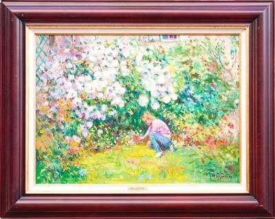 Child in front of hydrangeas