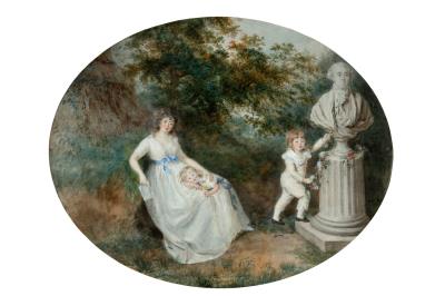 Madame de Staël with her two children, Albert and Auguste, near the bust of Jacques Necker in the garden of Château de Coppet