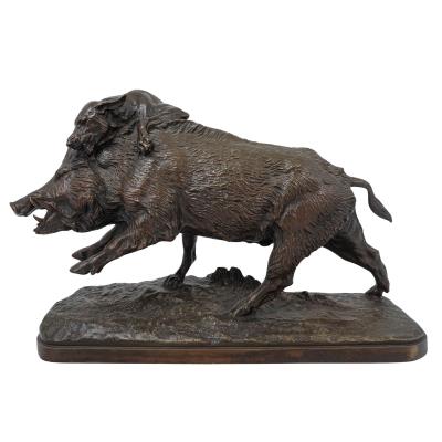 Bronze Hound Attacking Boar Sculpture