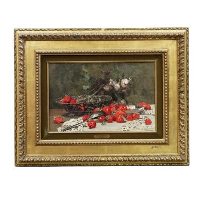Still life with strawberries and roses on a lace covered table