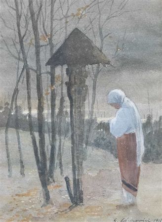 At the wayside cross by George Chirovici - Auction record, sale price, and art valuation. Compare with similar artists and explore comparable artworks.