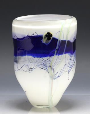 Blown glass vase with cased opaline and cobalt tinted decoration with agate accents