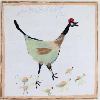 Outsider Folk Art of a chicken with prominent red comb and surrounded by six baby chicks