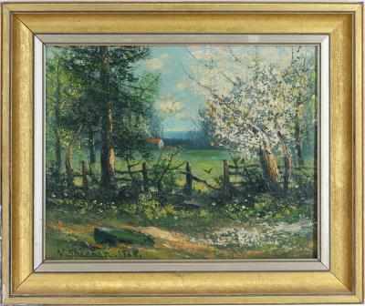 Impressionist landscape with blossoming trees and a fenced pasture in spring