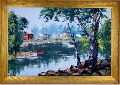 Impressionist harbor scene with small boats along a calm shoreline and houses in the distance.