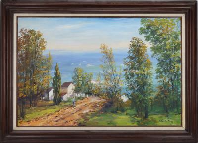 Impressionist coastal landscape with figures walking along a dirt road overlooking the sea.