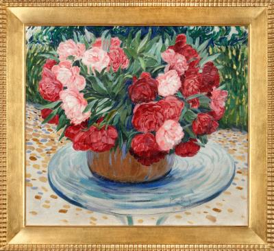 Bouquet of Peonies on a Round Table