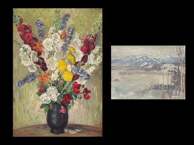 Colorful floral still life; View of snow-covered mountains (2)