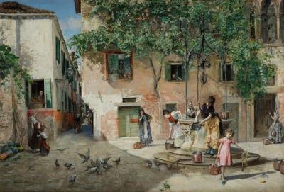 Venetian women drawing water from a well by Ricardo Madrazo y Garreta - Auction record, sale price, and art valuation. Compare with similar artists and explore comparable artworks.