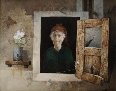 Old woman looking out of a window