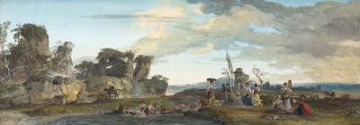Young women dancing and washerwomen in a ruined landscape
