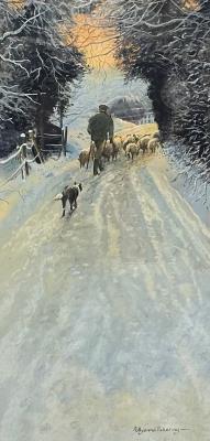 All are Safely Gathered In, Shepherd with Flock in Snowy landscape