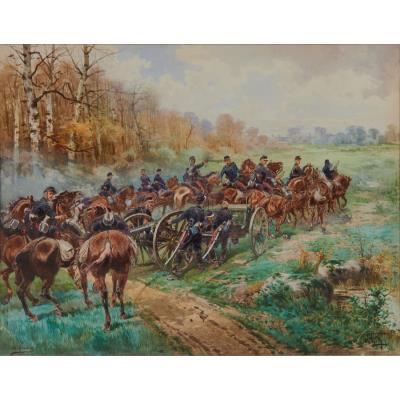 Prussian Army Pushing Cannon Across Field