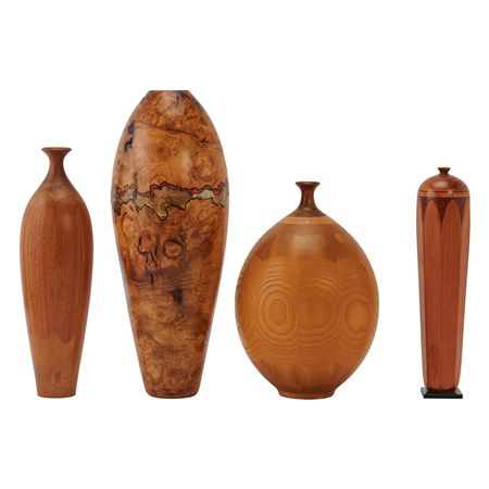 Four Turned Wood and Inlaid Vessels