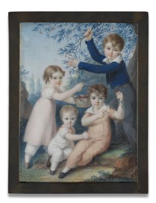 Rectangular miniature portrait of four children picking cherries by Anton Richter - Auction record, sale price, and art valuation. Compare with similar artists and explore comparable artworks.