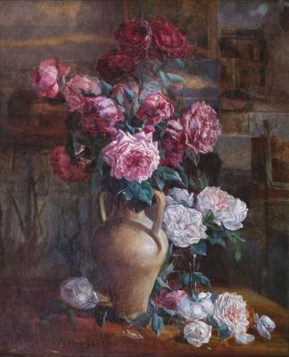 Still life of a rose in an amphora in a landscape painter's studio by Antoine Marzo - Auction record, sale price, and art valuation. Compare with similar artists and explore comparable artworks.