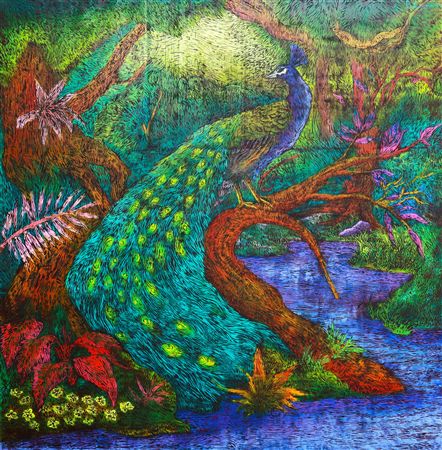 Peacock in the Jungle by Raduan Man - Auction record, sale price, and art valuation. Compare with similar artists and explore comparable artworks.