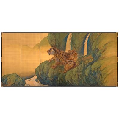 Tiger and Cub with Waterfall by Goseki Mio - Auction record, sale price, and art valuation. Compare with similar artists and explore comparable artworks.