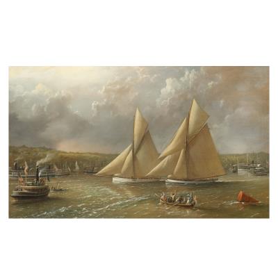 Galatea and Mayflower crossing the start line of the opening race of the 1886 challenge for the America's Cup by Richard Brydges (Admiral) Beechey - Auction record, sale price, and art valuation. Compare with similar artists and explore comparable artworks.