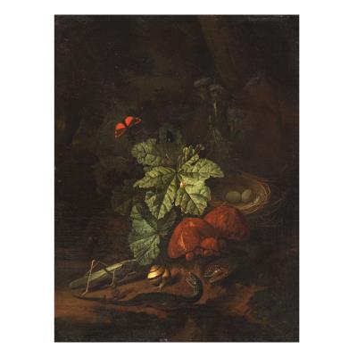 A wooded landscape with a snake, snail, locust and lizard by a bird's nest