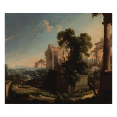 Landscape with classical ruins and the Flight into Egypt