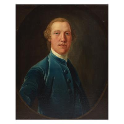 Portrait of a gentleman, half-length, wearing a blue velvet jacket, in a painted oval