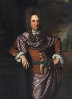 Portrait of a gentleman, said to be Baron Beaufort, standing beside a carved stone plinth