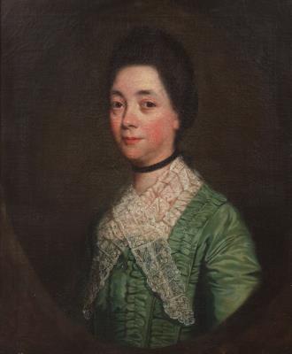 Portrait of a lady, bust-length, in a green dress, within a painted oval