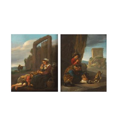 Two figures resting before a ruin on a rocky outcrop; and A woman with her family resting before a gate (2)