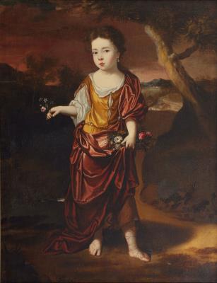 Portrait of a child full-length, in a yellow costume with a red cloak, holding flowers and standing before a landscape