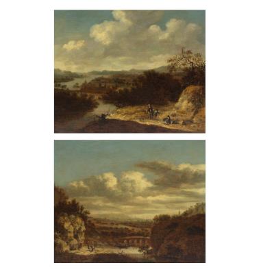 An extensive river landscape with a horseman and his dog on a country path; and An extensive river landscape with fisherman by a bridge (2)