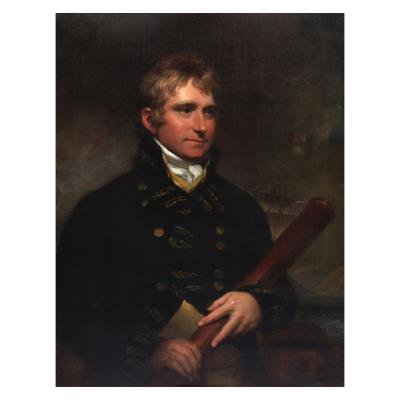 Portrait of Captain Edward Chapman Bradford, half-length, holding a telescope, a ship in full sail beyond