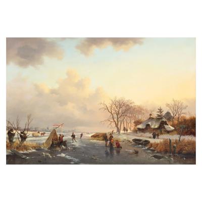 Winter landscape with skaters near a 'Koek-en-Zopie'