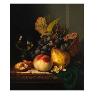 Still life with a peach, pear, plums, grapes and a goblet of wine