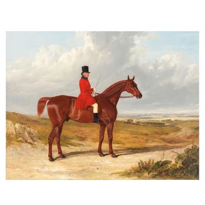 Daniel Haigh, Master of the Old Surrey Hunt on a hunter in an extensive landscape