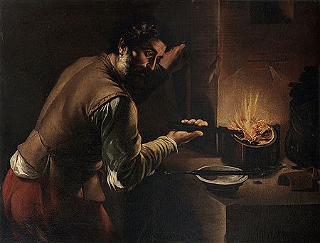 An interior with a silversmith at work at the furnace