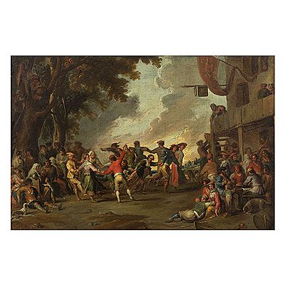 A village kermesse, with figures dancing and drinking outside an inn