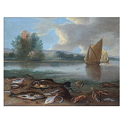 A river landscape with a still life of fish in the foreground