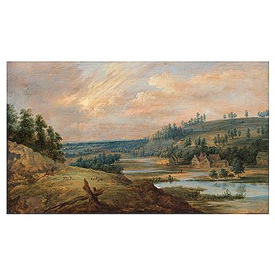 An extensive river landscape with shepherds and their flock in the foreground