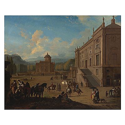 Elegant figures in an Italianate palace exterior