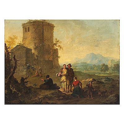 An Italianate landscape with a family resting in the foreground