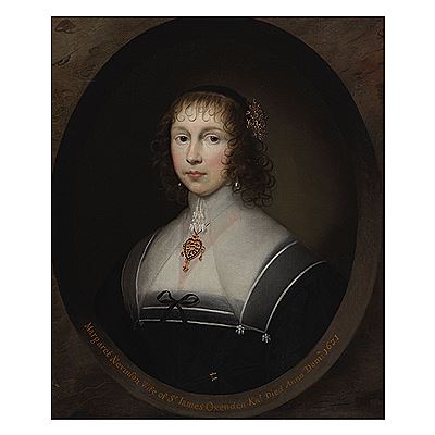 Portrait of Margaret Nevinson, half-length in black costume, within a painted oval