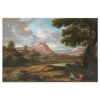 An extensive river landscape with figures in the foreground