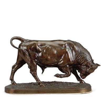 A large patinated bronze model of a pacing bull