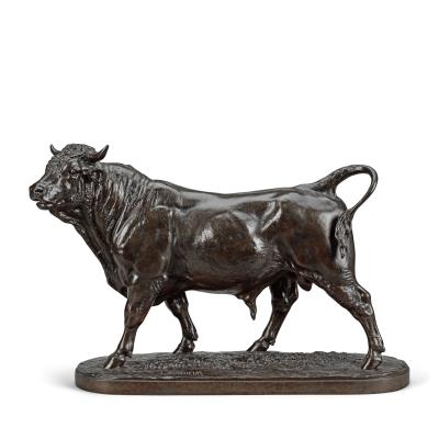 A large patinated bronze model of a standing bull