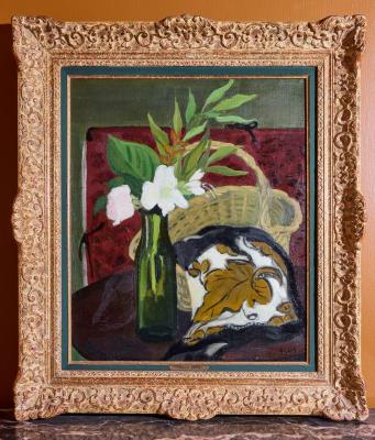 Still life, flower, bottle, tablecloth and basket