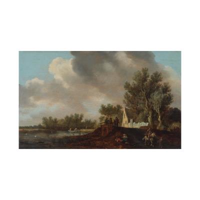 Animated river landscape with a fisherman's boat, peasants and a traveling rider on horseback